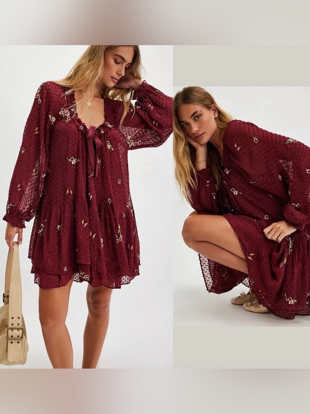 Free People Burgundy Garden Glory Mini Dress